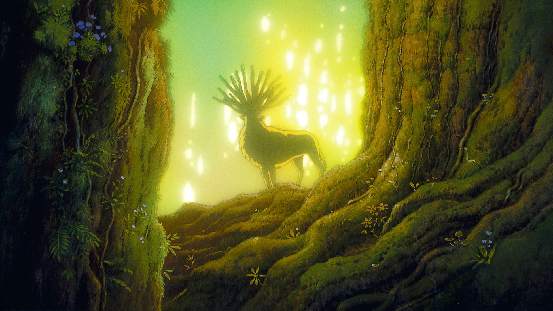 En pleine forêt, un cerf aux multiples bois est illuminé par les rayons du soleil.