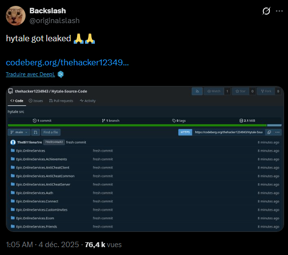 Un possible leak du client Hytale circule sur Codeberg Un possible leak du client Hytale circule sur Codeberg